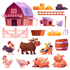 Domestic animals and poultry, barn and chicken coop isolated icons set. Vector collection of farm animals, cow and pigs, hen and rooster, dog. Pitchfork and nest with eggs, wood fence, bucket and hay © Sensvector