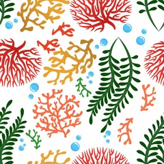 Fototapeta na wymiar Seaweeds and corals seamless pattern. Cartoon color underwater reef plants. Aquarium, ocean and undersea floral wallpaper vector texture. Deep water natural life fabric or wrapping paper