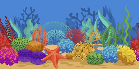 Coral seamless border. Ocean reef seaweeds, oceanarium seabed. Sea sponge starfish on sand bottom vector horizontal undersea texture, seascape. Colorful algae deep underwater, aquatic system