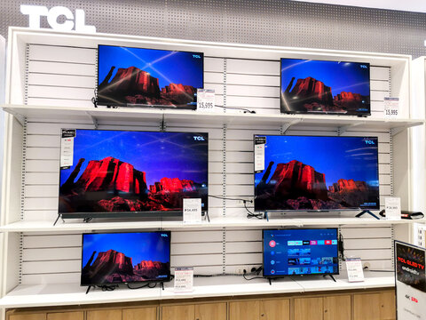 TCL LED TVs for sale on display at a local department or appliance store. TCL is a Chinese brand