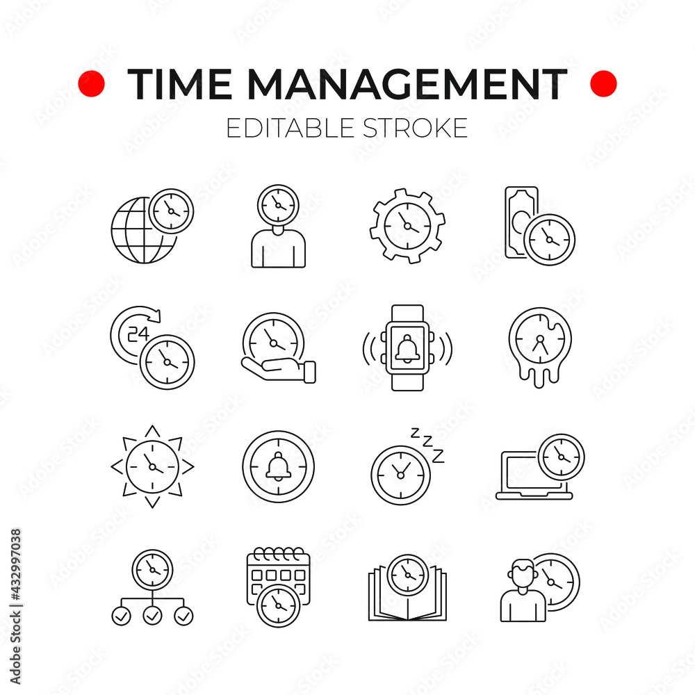 Poster time management linear icons set. thin line customizable illustration. contour symbol. vector isolat