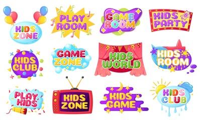 Kids zone. Cartoon children label decoration, colorful banner with bubbles, paint splashes, balloons. Playroom emblem or logo vector set. Game room or party with glossy lettering, signs