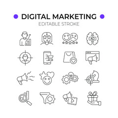 Digital Marketing linear icons set. Advertising. Thin line customizable illustration. Contour symbol. Vector isolated outline drawing. Editable stroke