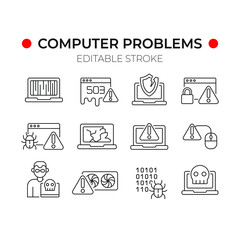 Computer problems linear icons set. Error. Virus. Thin line customizable illustration. Contour symbol. Vector isolated outline drawing. Editable stroke