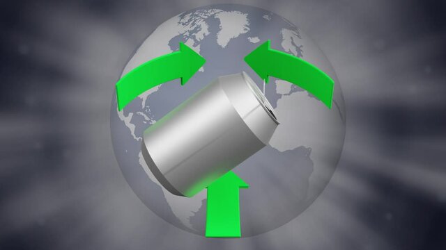  Video. Animazione. Ecologia. Ecologia. Simbolo di riciclaggio ruota attorno ad una lattina di metallo con sullo sfondo il mondo.