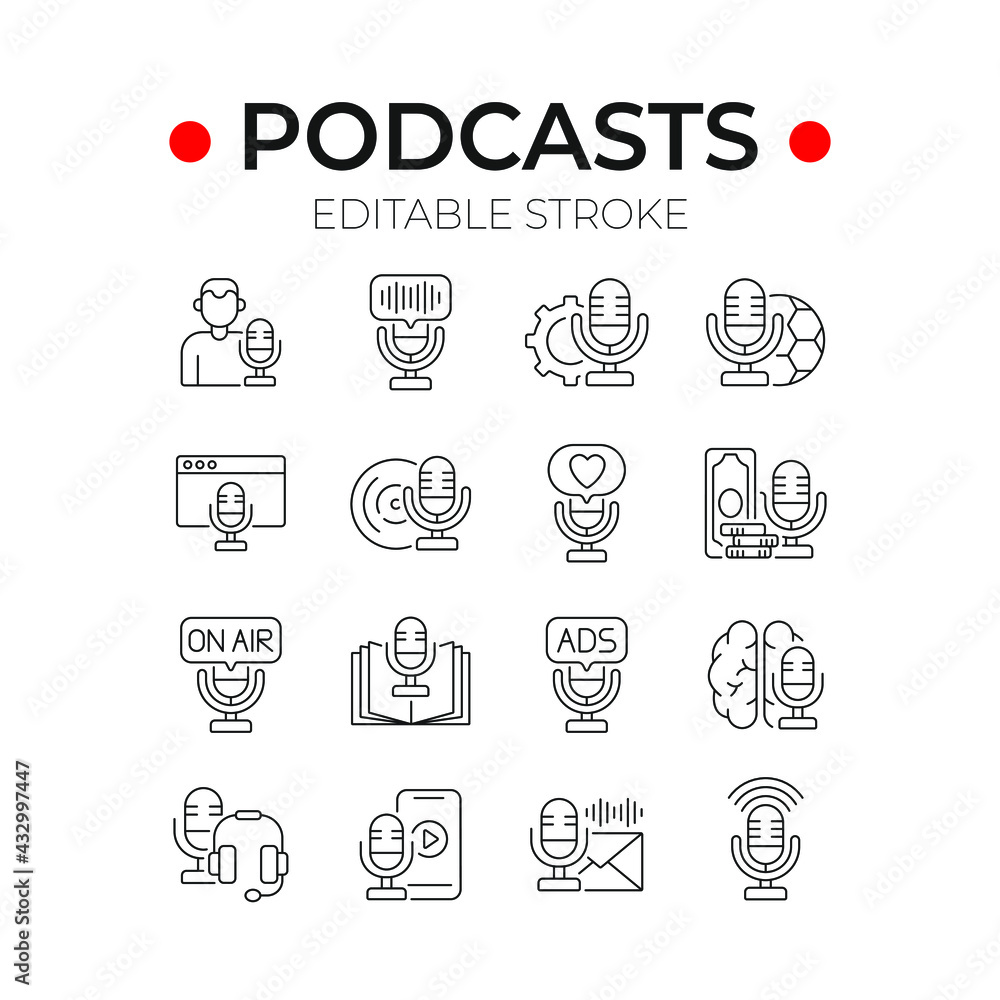 Poster podcast linear icons set. microphone. thin line customizable illustration. contour symbol. vector is