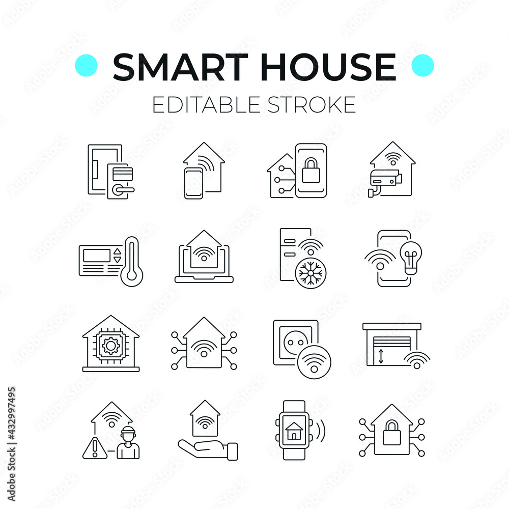 Poster smart house linear icons set. thin line customizable illustration. contour symbol. vector isolated o