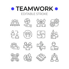 Business partnership linear icons set. Synergy, teamwork, collaboration, research, meeting. Thin line customizable illustration. Vector isolated outline drawing. Editable stroke