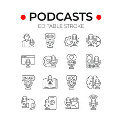 Podcast linear icons set. Microphone. Thin line customizable illustration. Contour symbol. Vector isolated outline drawing. Editable stroke