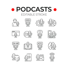 Podcast linear icons set. Microphone. Thin line customizable illustration. Contour symbol. Vector isolated outline drawing. Editable stroke