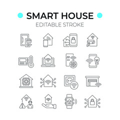Smart house linear icons set. Thin line customizable illustration. Contour symbol. Vector isolated outline drawing. Editable stroke