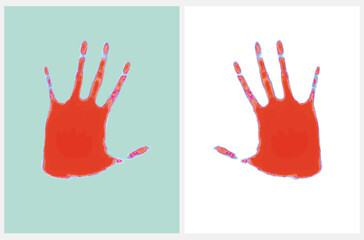 Hand Drawn Vector Illustrations with Simple Red Palm Hand on a White and Mint Green Background. Printable Design ideal for Wall Art, Poster, Card, Halloween Decoration.