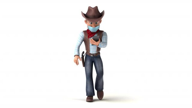 Fun 3D cartoon cowboy with a mask on the phone