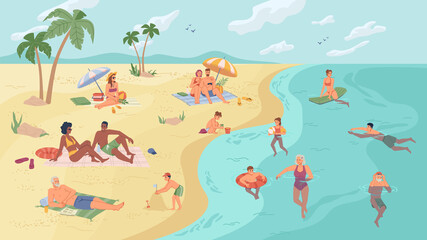 Fototapeta na wymiar People on beach or seashore relaxing, swimming and sunbathing, summertime activities flat cartoon vector illustration. Young, adult senior man woman rest under palms, kids playing, build sandy castles
