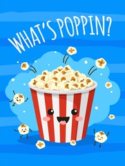 Popcorn poster. Cute bucket of popcorn with funny smiling face. Tv movie, cinema print with food and snacks. Cartoon vector background. Striped container or package with crunchy food