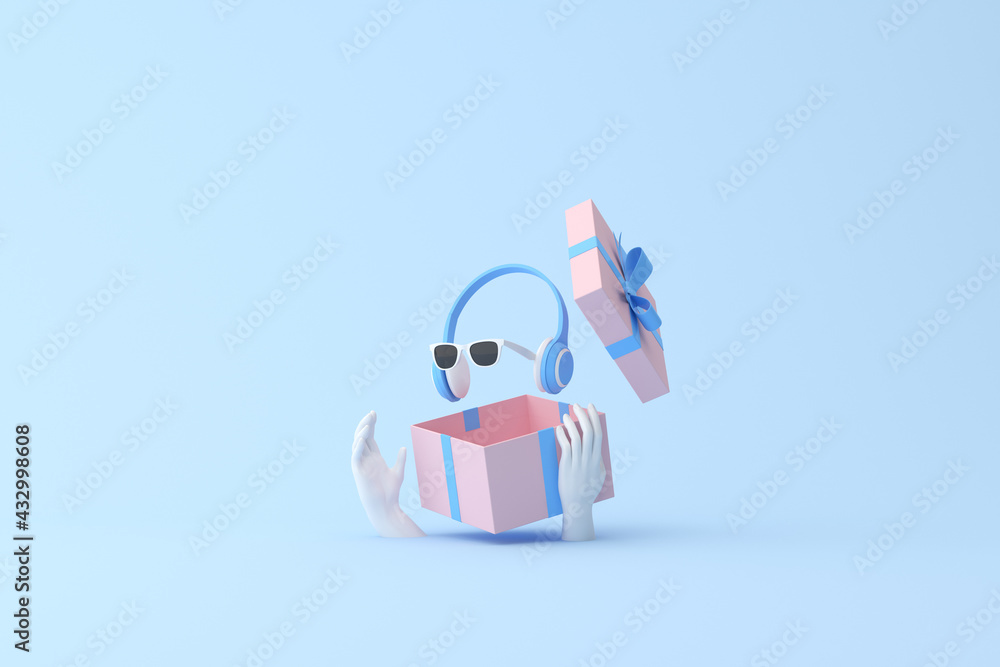 Poster 3d rendering of hands holding a gift box with floating headphone and sunglasses on blue background.