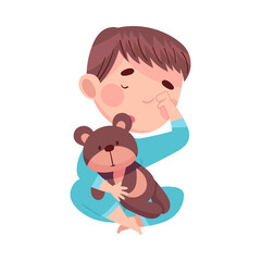 Cute Boy in Pajamas Sitting with Teddy Bear Rubbing His Eyes with Fist Feeling Sleepy Vector Illustration