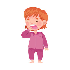 Cute Redhead Girl in Purple Pajamas Yawning Feeling Sleepy Vector Illustration
