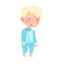 Cute Blond Boy in Blue Pajamas Yawning Feeling Sleepy Vector Illustration