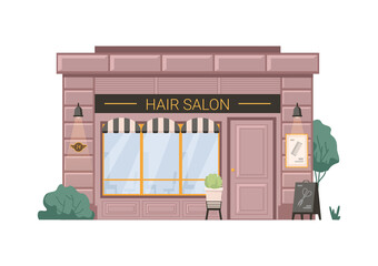 Hair salon barber beauty shop isolated flat cartoon building. Vector hairdresser small business retail store. Barbershop facade exterior, entrance and shopwindow, scissors hair cutters on billboard