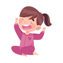 Cute Girl with Ponytail in Pajamas Stretching and Yawning Feeling Sleepy Vector Illustration