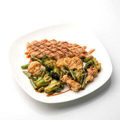 Juicy poultry meat with blanched vegetables. Cooked tender chicken fillet with broccoli, cauliflower and green beans. Plate of food isolated on white background.