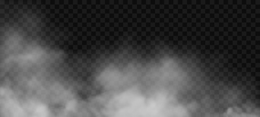 White fog or smoke 3D effect on transparent background. Vector cloud, mist cloudiness, vapor condensation, stream of gas or spray. Cloudy smoky steam, blowing cigarette smog, magic dust spread © Sensvector