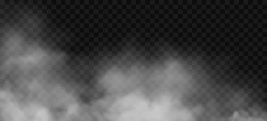 Poster White fog or smoke 3D effect on transparent background. Vector cloud, mist cloudiness, vapor condensation, stream of gas or spray. Cloudy smoky steam, blowing cigarette smog, magic dust spread © Sensvector