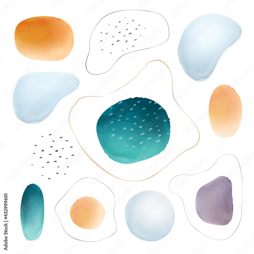 Poster Set, abstract textured watercolor brush, blob shapes and frames, background with points and lines. Watercolour design elements isolated color grunge blots. Vector creative painted textures, modern art