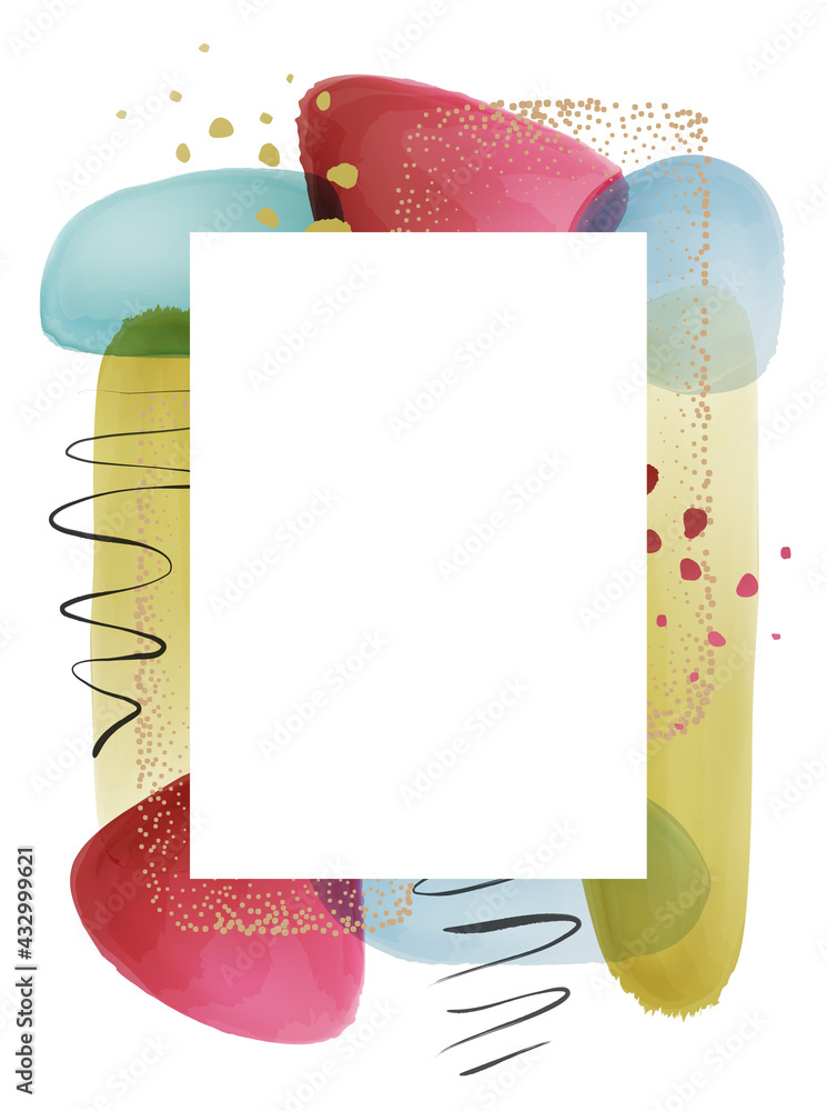 Poster White frame with transparent texture watercolor composition, brushes and gold dots, calligraphic strokes and splashes on background. Vector photoframe with blobs and blotches, painted geometric shapes