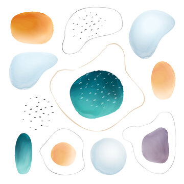 Set, abstract textured watercolor brush, blob shapes and frames, background with points and lines. Watercolour design elements isolated color grunge blots. Vector creative painted textures, modern art © Sensvector