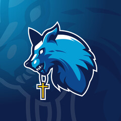 Wolf mascot logo design with modern illustration concept style for badge, emblem and tshirt printing. Illustration of a wolf carrying a cross