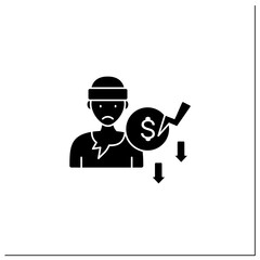 Beggar glyph icon. Penniless person. Man without money, food, work. Asking about cash. Unemployment concept. Filled flat sign. Isolated silhouette vector illustration