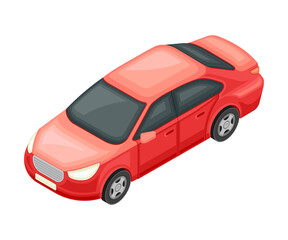 Red Sedan or Saloon as Passenger Car and Urban Transport Isometric Vector Illustration
