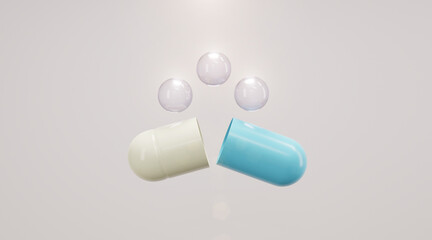 Capsule pill opening and vitamin bubbles, concept skin care cosmetics solution. 3d rendering.