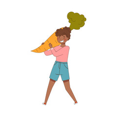 African American Female Carrying Huge Carrot Vegetable as Source of Vitamin and Energy Vector Illustration