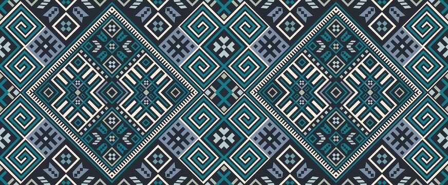 Bohemian, fashionable seamless ornament in ethnic Hutsul style. In modern trendy shades. Perfect for the design of fabrics, clothing, interiors.