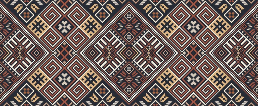 Bohemian, fashionable seamless ornament in ethnic Hutsul style. In modern trendy shades. Perfect for the design of fabrics, clothing, interiors.