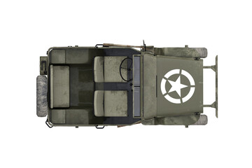 Top view 3D illustration of a vintage green military 4x4 car isolated on white. © IG Digital Arts