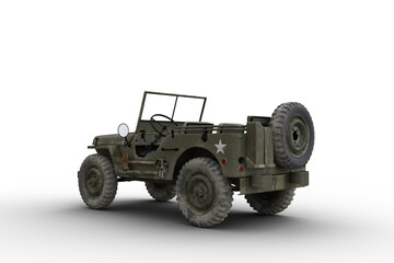 Rear corner view 3D illustration of a vintage green military 4x4 car isolated on white.