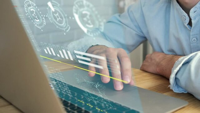 Futuristic icons. Data scientists. A human programmer who uses a laptop to analyze and develop various information on the virtual interface screen. The algorithm. marketing