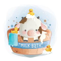 Baby Calf Taking a Milk Bath