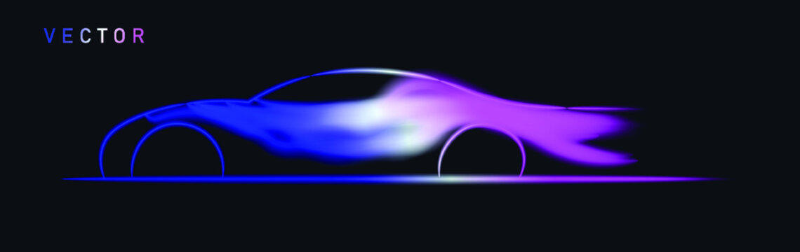 Vector illustration. Side view neon glowing sport car silhouette.