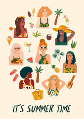 Fototapeta premium Vector illustration of women in swimsuit on tropical beach. Summer holliday, vacation, travel.