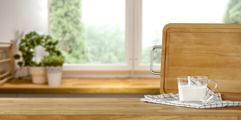 Table background of free space and kitchen interior with window 