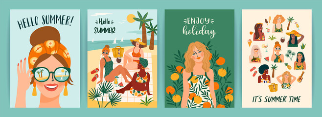 Set of bright summer illustrations with cute women. Summer holliday, vacation, travel. Vector templates