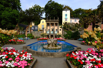 Piazza with Cottages and Garden in background,  Portmeirion, Gwynedd, Wales, UK