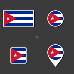 Cuba flag icon set in different shape (rectangle, circle, square and marker icon) on dark grey background. Cuba flag icon collection on barely dark background.