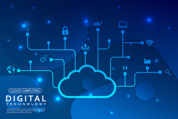 Fototapeta na wymiar Cloud computing, internet online data storage, database and mobile server concept, Cloud connected with technology icons. Vector illustration