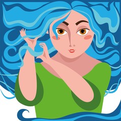 Girl with blue as the sky, curly hair, which she supports with her hands on a white background. Illustration